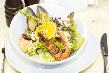 seafood salad on a white background in the restaurant
