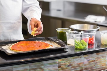 Mid section of chef garnishing food in kitchen