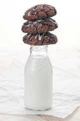 bottle of milk with chocolate cookies