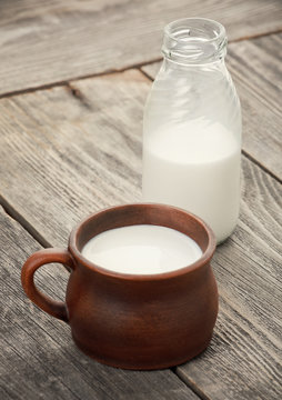 clay mug and glass bottle with fresh milk