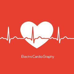 Medical design - white heart with cardiogram on red background