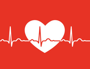 White heart with ekg symbol on red background - medical design - obrazy, fototapety, plakaty