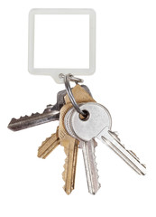 bunch of door keys on ring and square keychain