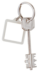 big double-sided key and square keychain on ring