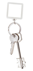 two keys and square keychain on ring