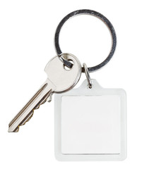 one cylinder lock key and square keychain on ring