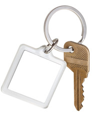 house brass key and square keychain on ring