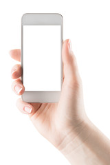 Hand holding smartphone with blank screen isolated