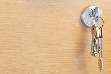 bunch of home keys in lock of wooden door