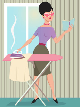 Woman dressed in 1960s style clothes ironing and reading a book