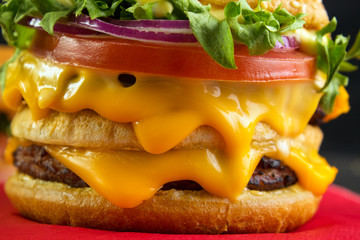 Lot of melting cheese in burger closeup - 61857802