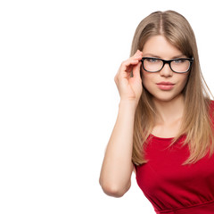 Optician woman touching her eyeglasses isolated on white