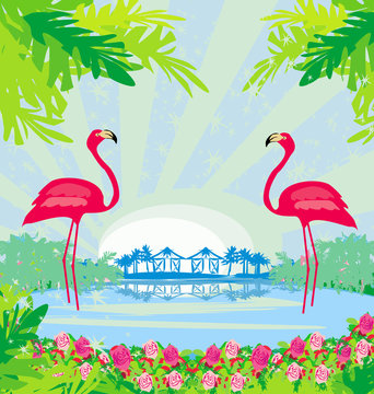 illustration with green palms and pink flamingo
