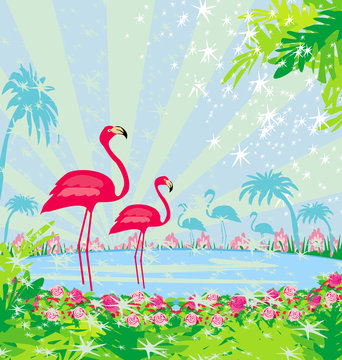 illustration with green palms and pink flamingo