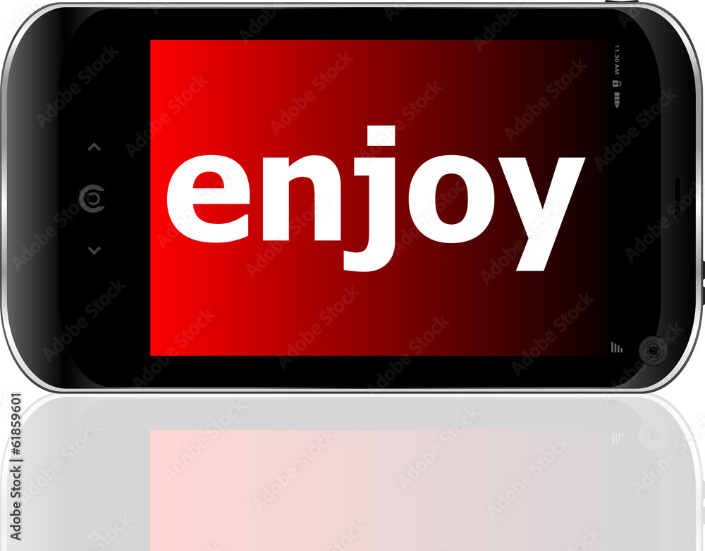 Poster web development concept: smartphone with word enjoy on display