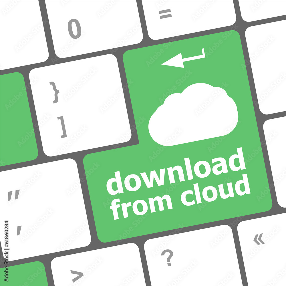 Poster download from cloud, computer keyboard for cloud computing