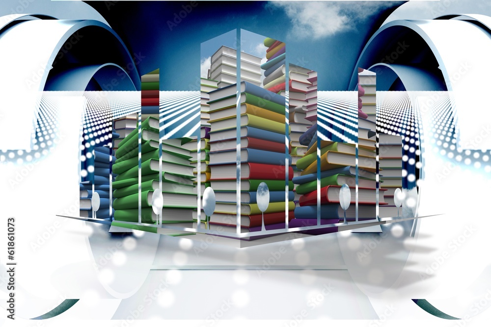Poster Composite image of piles of books on abstract screen