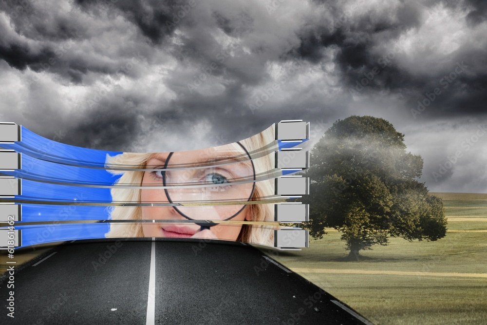 Poster composite image of blonde with magnifying glass on abstract