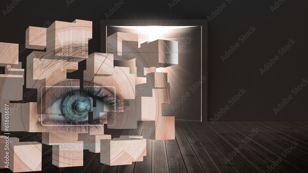 Poster Composite image of eye analysis on abstract screen