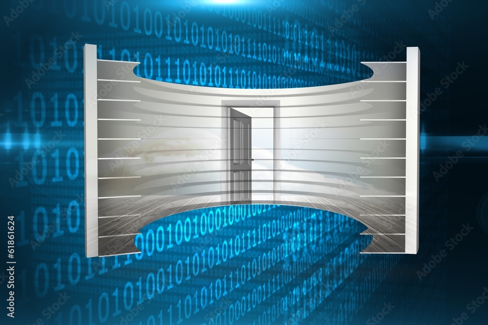 Poster Composite image of open door in clouds on abstract screen