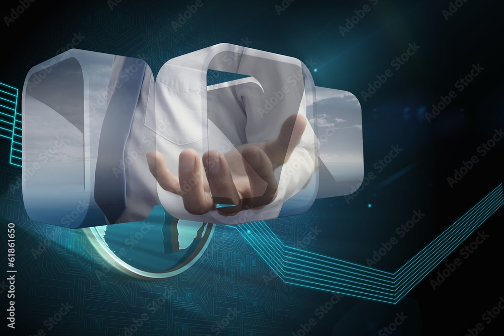 Poster composite image of businessmans hand on abstract screen