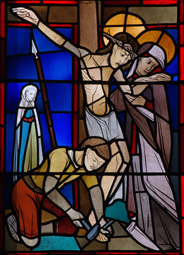 Jesus Christ crucified in stained glass