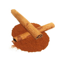 Cinnamon sticks with powder on white background