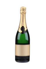 Green bottle of champagne with golden top.