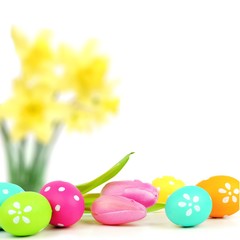 Fototapeta na wymiar Colorful Easter egg border with abstract floral background