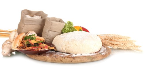 delicious pizza, dough and vegetables isolated on white