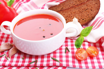 Tasty tomato soup and vegetables, close up