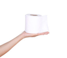 hand with toilet paper roll isola