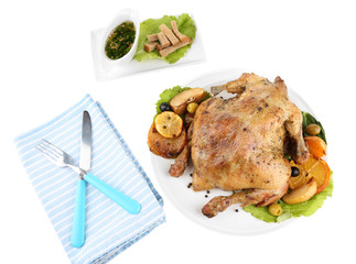 Composition with Whole roasted chicken with vegetables, color