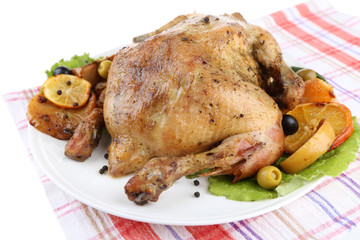 Composition with Whole roasted chicken with vegetables, color