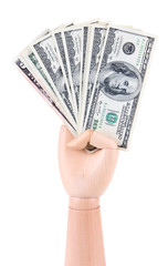 Money in wooden hand, isolated on white