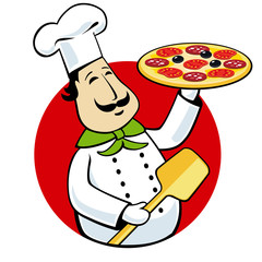funny cartoon chef cook with pizza