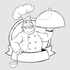 Chef with dish In the sign Freehand drawing