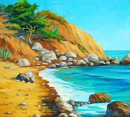 mediterranean sea with a beach and  bay, painting by oil on can - 61875229
