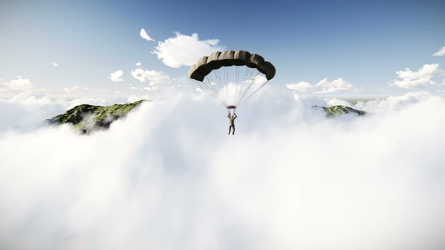 Parachutist landing between misty mountains