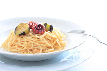 italian food, eggplant and octopus spaghetti