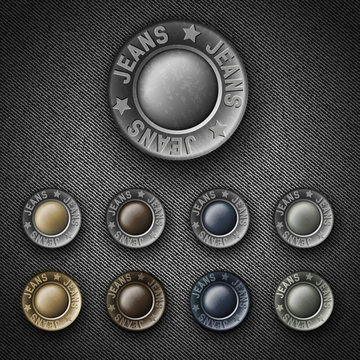 Set of сolorful metal button with inscription jeans, on denim