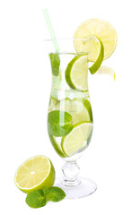 Glass of cocktail with lime and mint isolated on white
