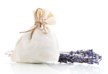 Textile sachet pouch with dried lavender flowers isolated