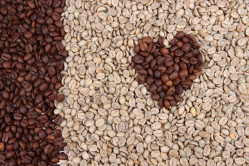 Green and brown coffee beans, close up