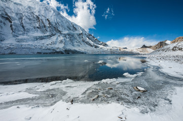 Fototapeta na wymiar Tilicho lake (4949m) with Tilicho peak on the left, Nepal.