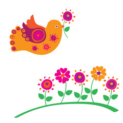 Bird and spring flowers. Vector illustration.