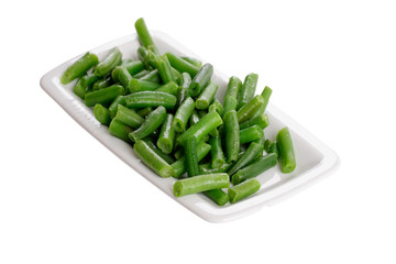 Fried green beans on a white plate