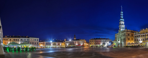 Night panorama of the Old City in Zamosc, Poland.