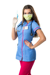 Young pretty nurse in mask mouth ..with injection, detail photo