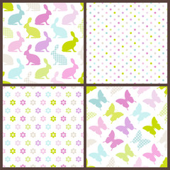 4 Seamless Pattern Easter Bunny & Butterfly Retro